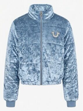 Light Blue True Religion Crushed Velvet Puffer Jacket with horseshoe Logo